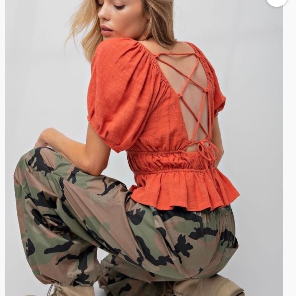Easel Orange Lace-Up Blouse